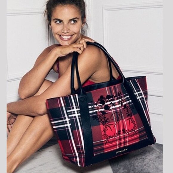 Victoria's Secret Women's Holiday Plaid Floral Tote Bag Hand Bag